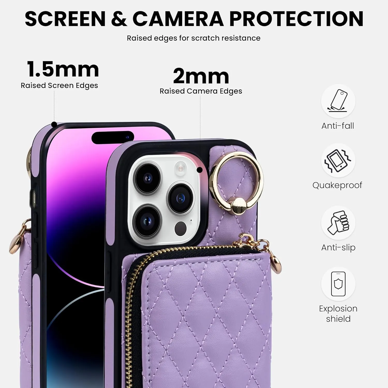 Keallce Case for iPhone 14 Pro 6.1'' Wallet Case, Crossbody Zipper Purse with Handbag Wristlet for Women, RFID Blocking Card Holder, 360° Ring Kickstand Flip Leather Cover for iPhone 14 Pro 5G, Purple