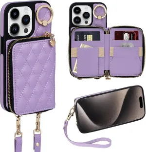 Keallce Case for iPhone 14 Pro 6.1'' Wallet Case, Crossbody Zipper Purse with Handbag Wristlet for Women, RFID Blocking Card Holder, 360° Ring Kickstand Flip Leather Cover for iPhone 14 Pro 5G, Purple