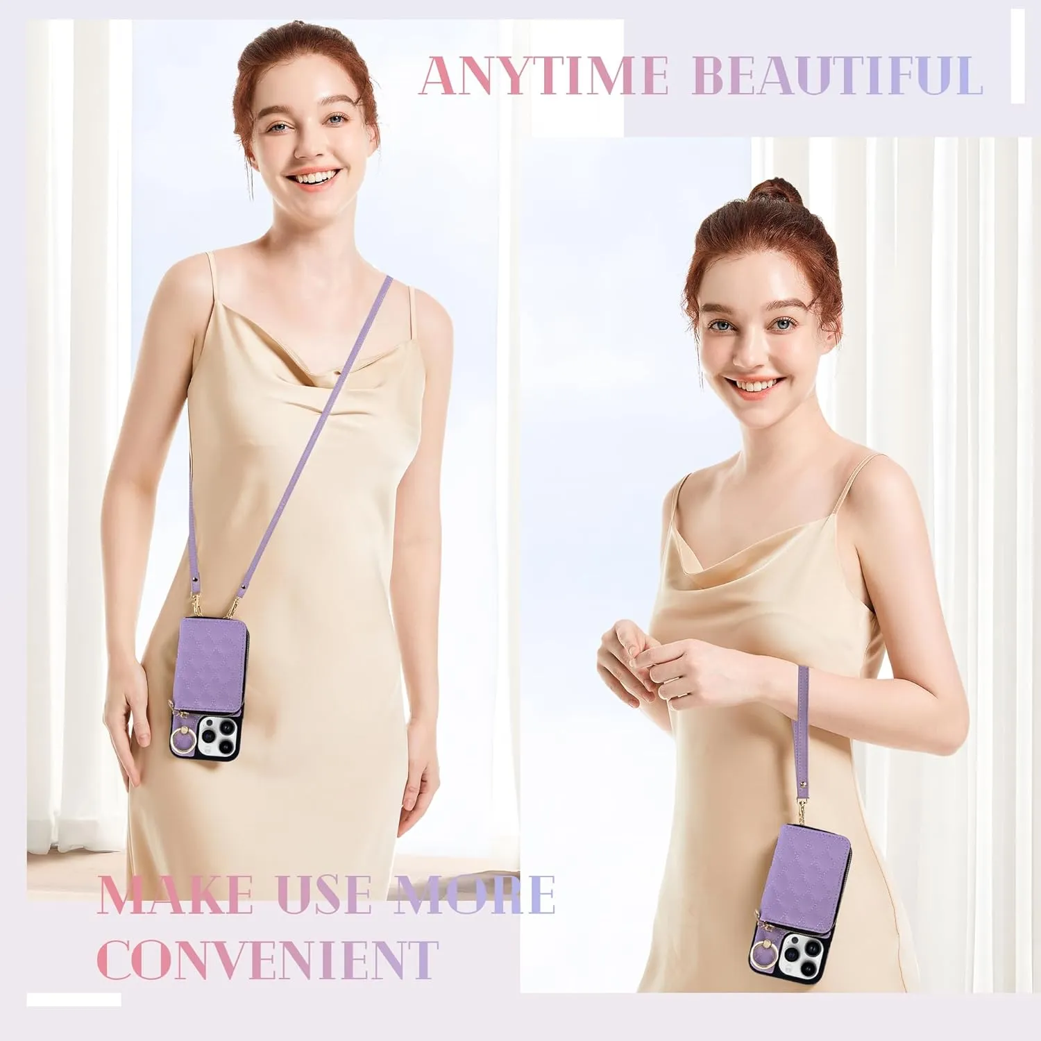 Keallce Case for iPhone 14 Pro 6.1'' Wallet Case, Crossbody Zipper Purse with Handbag Wristlet for Women, RFID Blocking Card Holder, 360° Ring Kickstand Flip Leather Cover for iPhone 14 Pro 5G, Purple