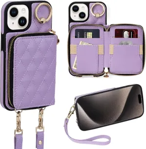 Keallce Case for iPhone 15 6.1'' Wallet Case, Crossbody Zipper Purse with Wrist Strap Lanyard Handbag for Women, RFID Blocking Card Holder, 360°Ring Kickstand Flip Leather Cover for iPhone 15, Purple