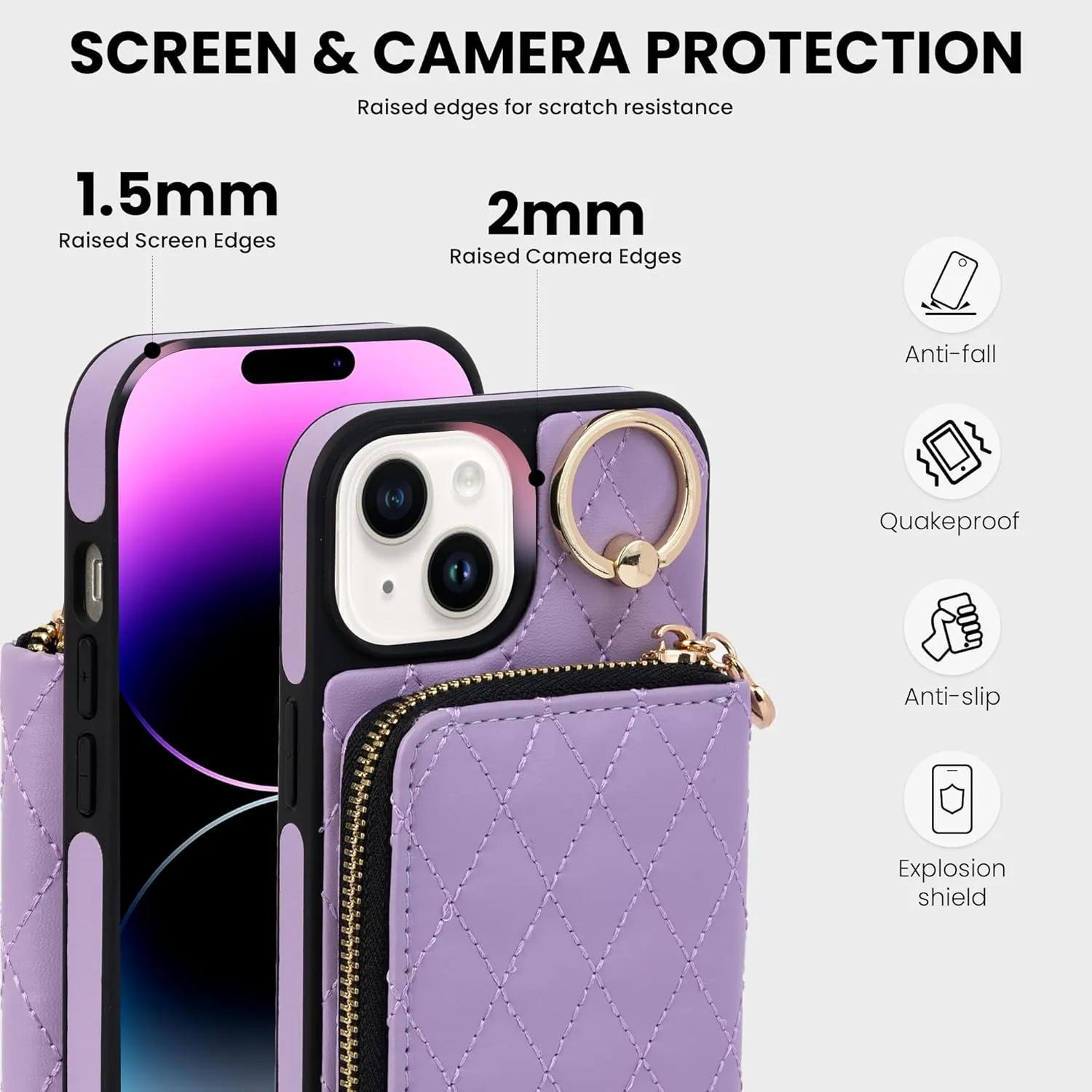 Keallce Case for iPhone 15 6.1'' Wallet Case, Crossbody Zipper Purse with Wrist Strap Lanyard Handbag for Women, RFID Blocking Card Holder, 360°Ring Kickstand Flip Leather Cover for iPhone 15, Purple