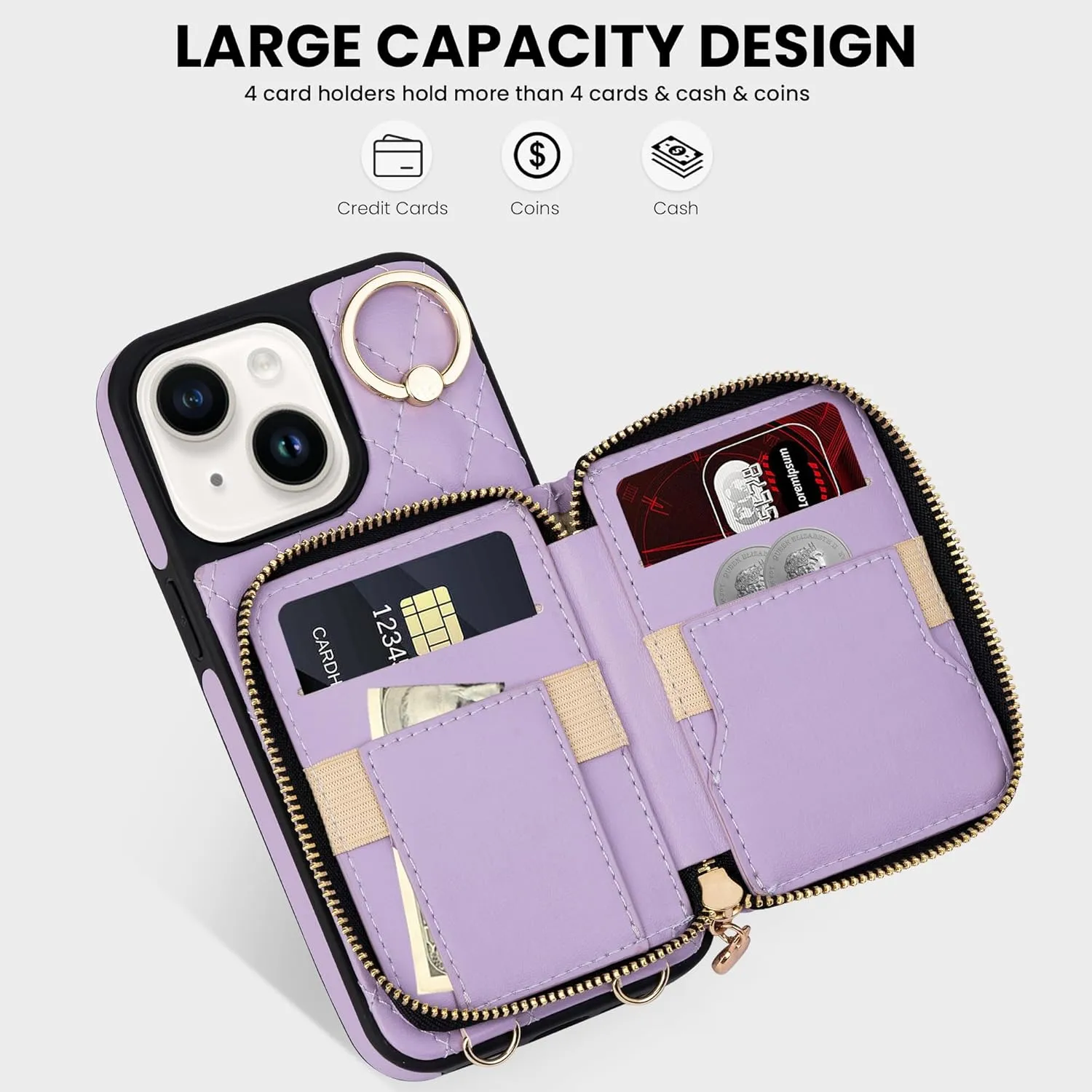 Keallce Case for iPhone 15 6.1'' Wallet Case, Crossbody Zipper Purse with Wrist Strap Lanyard Handbag for Women, RFID Blocking Card Holder, 360°Ring Kickstand Flip Leather Cover for iPhone 15, Purple