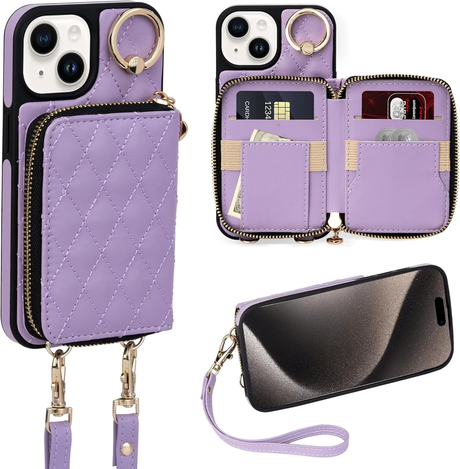 Keallce Case for iPhone 15 6.1'' Wallet Case, Crossbody Zipper Purse with Wrist Strap Lanyard Handbag for Women, RFID Blocking Card Holder, 360°Ring Kickstand Flip Leather Cover for iPhone 15, Purple