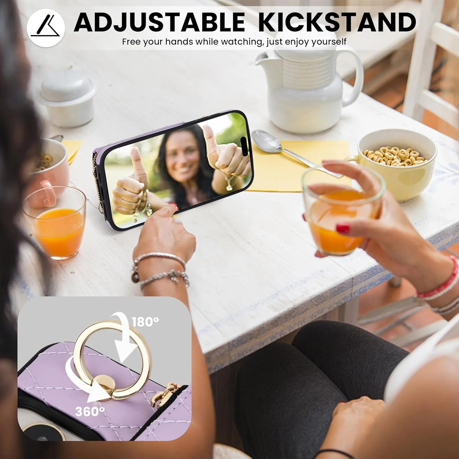 Keallce Case for iPhone 15 6.1'' Wallet Case, Crossbody Zipper Purse with Wrist Strap Lanyard Handbag for Women, RFID Blocking Card Holder, 360°Ring Kickstand Flip Leather Cover for iPhone 15, Purple