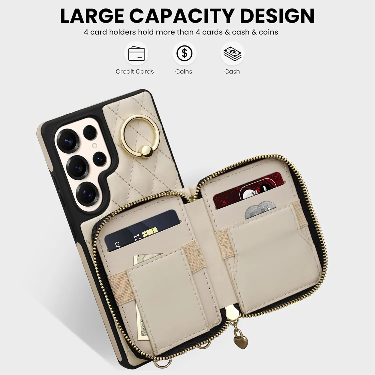 Keallce Case for Samsung Galaxy S25 Ultra 6.9'' Wallet Case,Crossbody Zipper Galaxy S25 Ultra Purse Wrist Strap Lanyard Handbag,RFID Blocking Card Slots,Flip Leather Cover for Samsung S25 Ultra,Beige