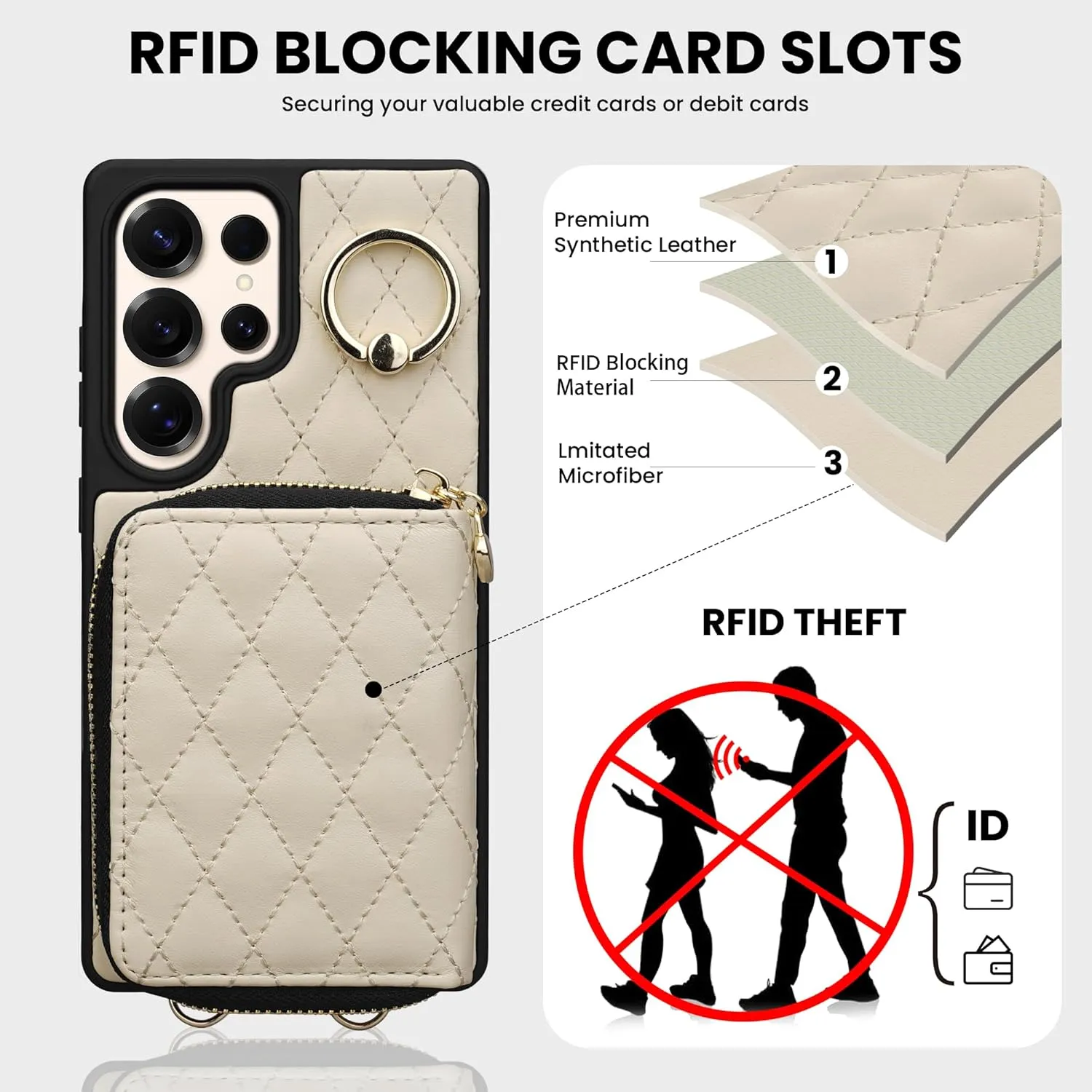 Keallce Case for Samsung Galaxy S25 Ultra 6.9'' Wallet Case,Crossbody Zipper Galaxy S25 Ultra Purse Wrist Strap Lanyard Handbag,RFID Blocking Card Slots,Flip Leather Cover for Samsung S25 Ultra,Beige