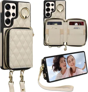 Keallce Case for Samsung Galaxy S25 Ultra 6.9'' Wallet Case,Crossbody Zipper Galaxy S25 Ultra Purse Wrist Strap Lanyard Handbag,RFID Blocking Card Slots,Flip Leather Cover for Samsung S25 Ultra,Beige