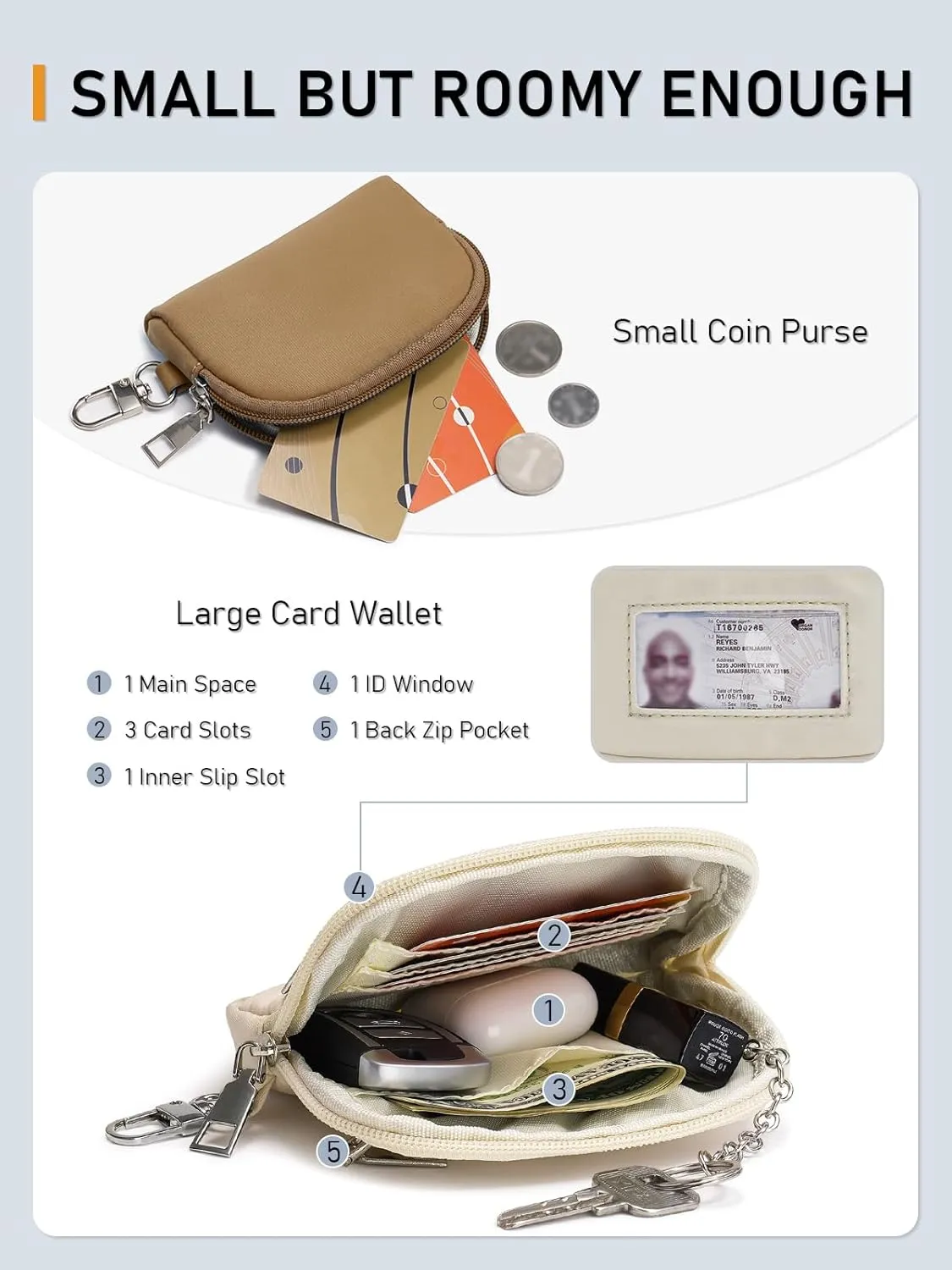 Keychain Wallet Mini Zip Around Dual Pouch Wristlet Detachable Coin Purse for Women and Men with Phone Tether Tab