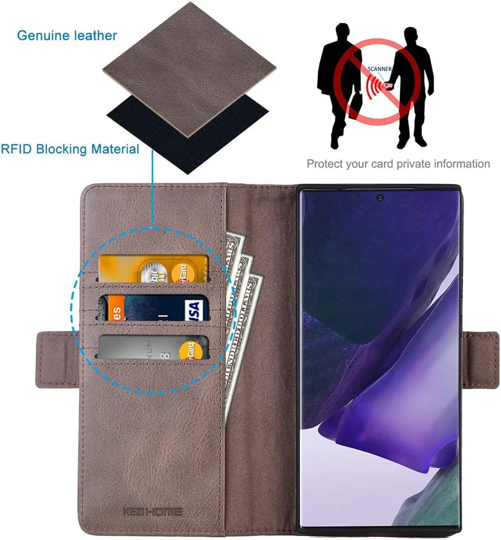 KEZiHOME Note 20 Ultra Case, Genuine Leather [RFID Blocking] Galaxy Note 20 Ultra 5G Wallet Case Credit Card Slot Flip Magnetic Stand Case for Samsung Galaxy Note 20 Ultra 2020 (Gray/Brown)