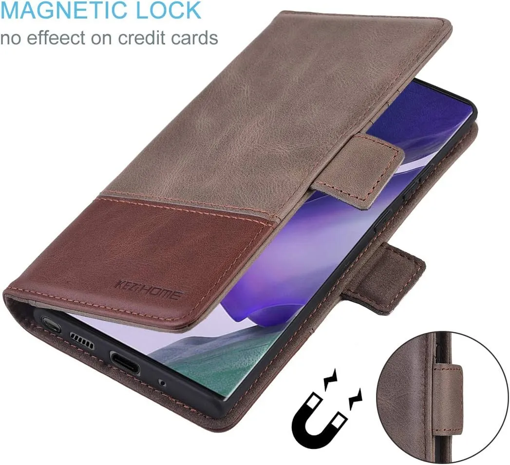 KEZiHOME Note 20 Ultra Case, Genuine Leather [RFID Blocking] Galaxy Note 20 Ultra 5G Wallet Case Credit Card Slot Flip Magnetic Stand Case for Samsung Galaxy Note 20 Ultra 2020 (Gray/Brown)