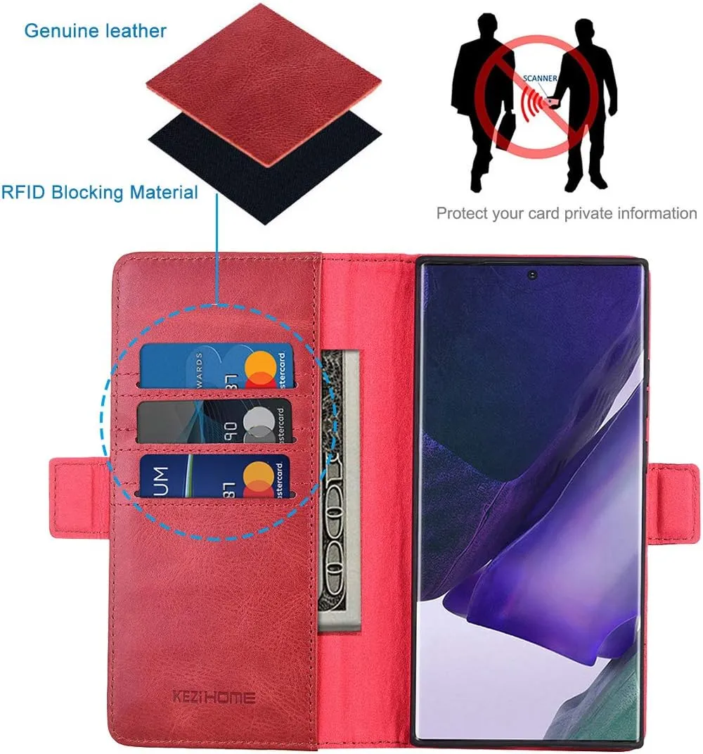 KEZiHOME Note 20 Ultra Case, Genuine Leather [RFID Blocking] Galaxy Note 20 Ultra 5G Wallet Case Credit Card Slot Flip Magnetic Stand Case for Samsung Galaxy Note 20 Ultra 2020 (Red/Brown)