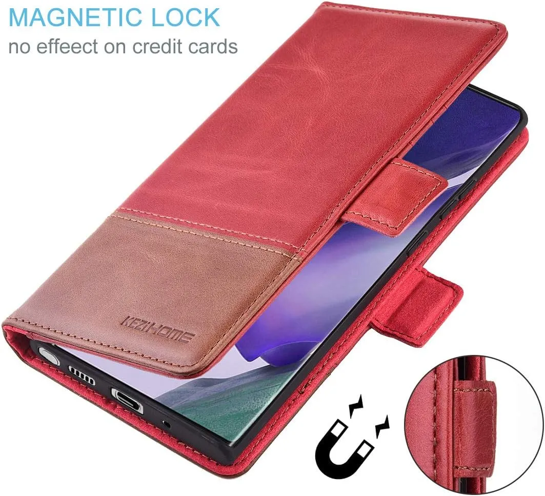 KEZiHOME Note 20 Ultra Case, Genuine Leather [RFID Blocking] Galaxy Note 20 Ultra 5G Wallet Case Credit Card Slot Flip Magnetic Stand Case for Samsung Galaxy Note 20 Ultra 2020 (Red/Brown)