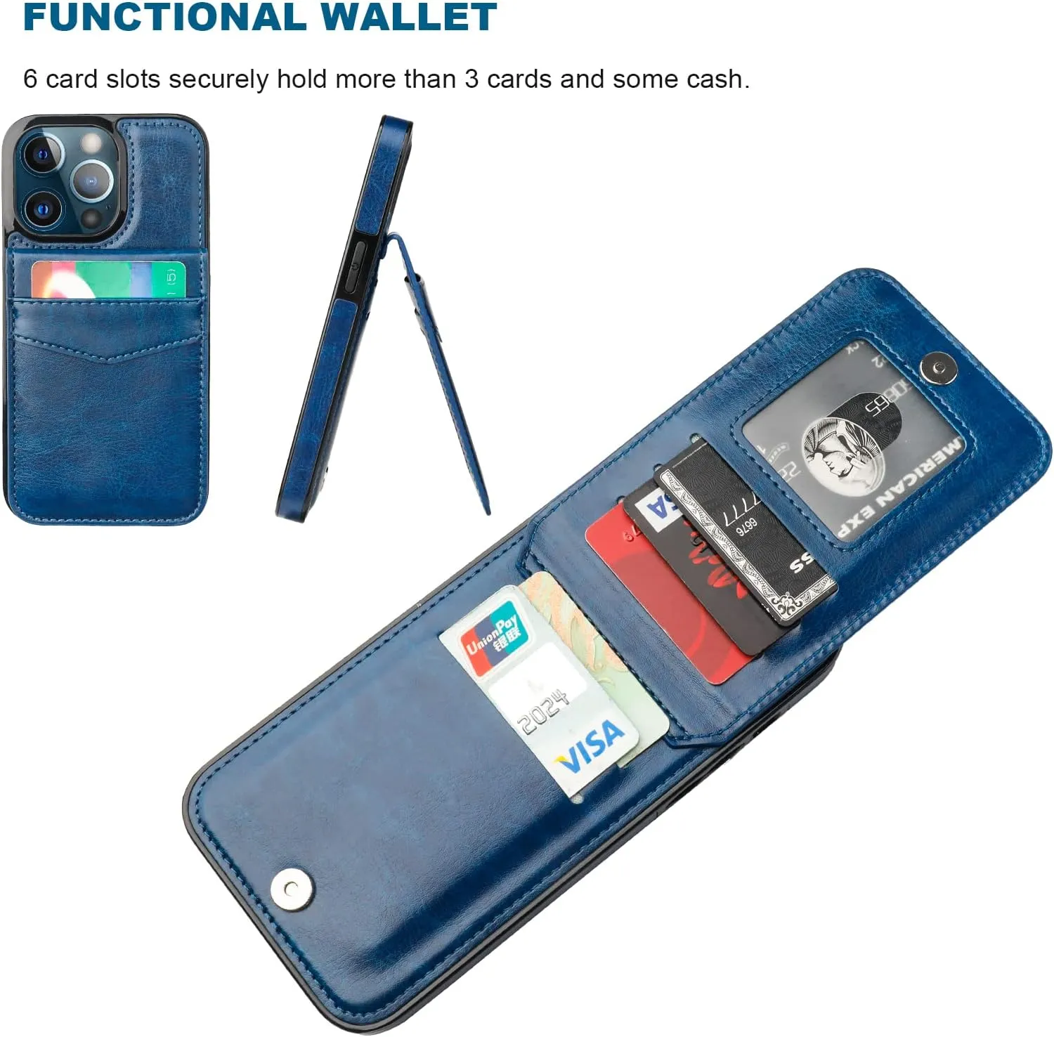 KIHUWEY Compatible with iPhone 13 Pro Max Case Wallet with Credit Card Holder, Premium Leather Magnetic Clasp Kickstand Heavy Duty Protective Cover for iPhone 13 Pro Max 6.7 Inch(Blue)