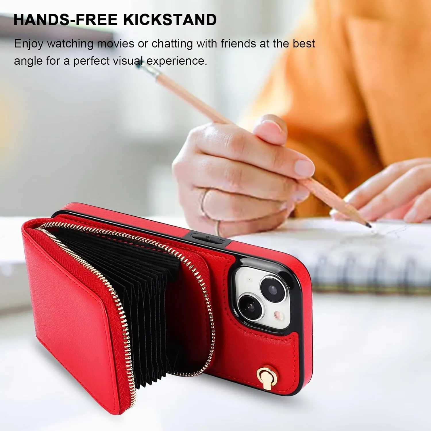 KIHUWEY Crossbody Wallet Case for iPhone 15, Zipper Pocket Case with Card Holder, PU Leather RFID Blocking Protective Cover Case with Kickstand Detachable Wrist Strap Lanyard 6.1" (Red)