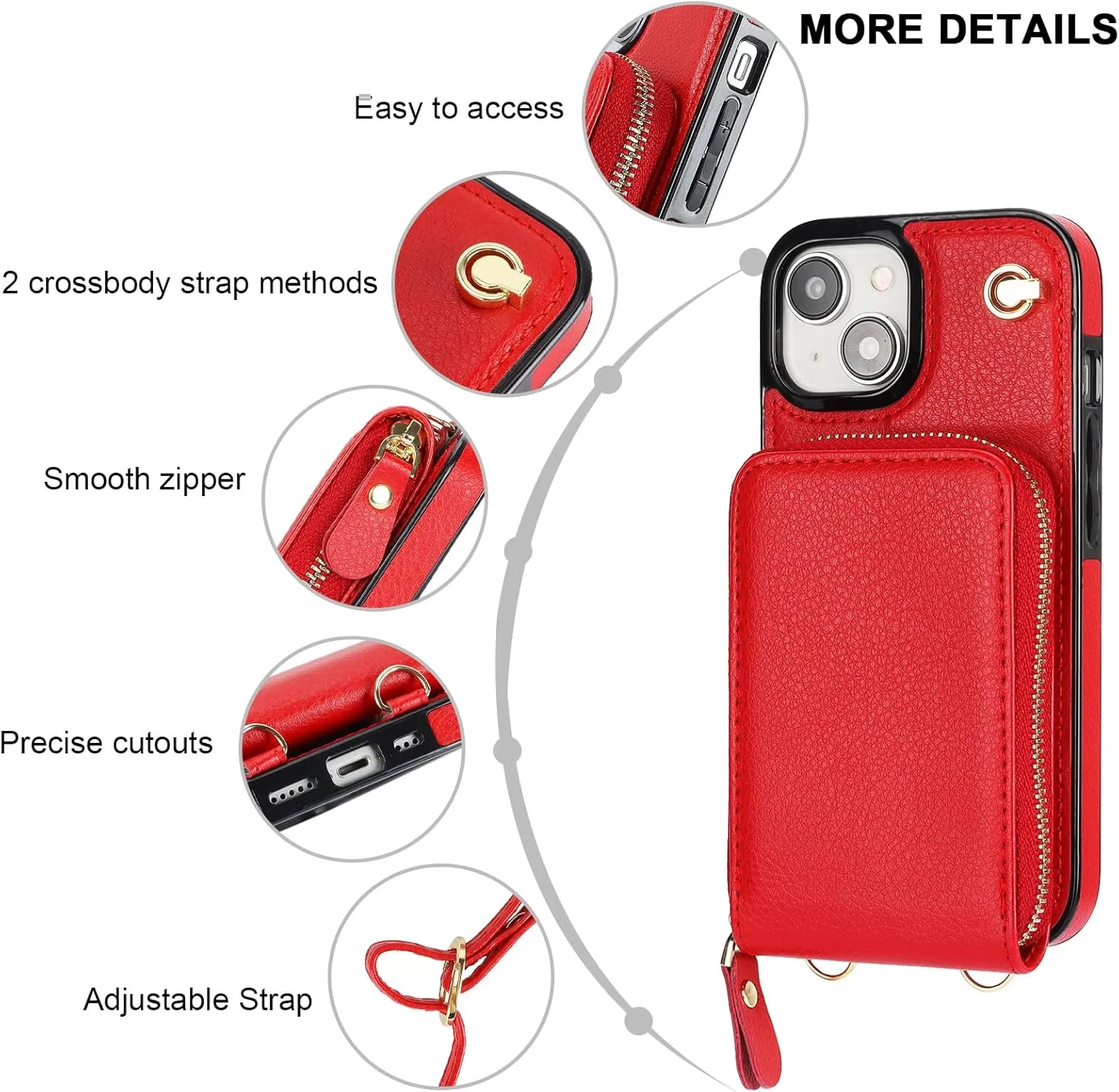 KIHUWEY Crossbody Wallet Case for iPhone 15, Zipper Pocket Case with Card Holder, PU Leather RFID Blocking Protective Cover Case with Kickstand Detachable Wrist Strap Lanyard 6.1" (Red)
