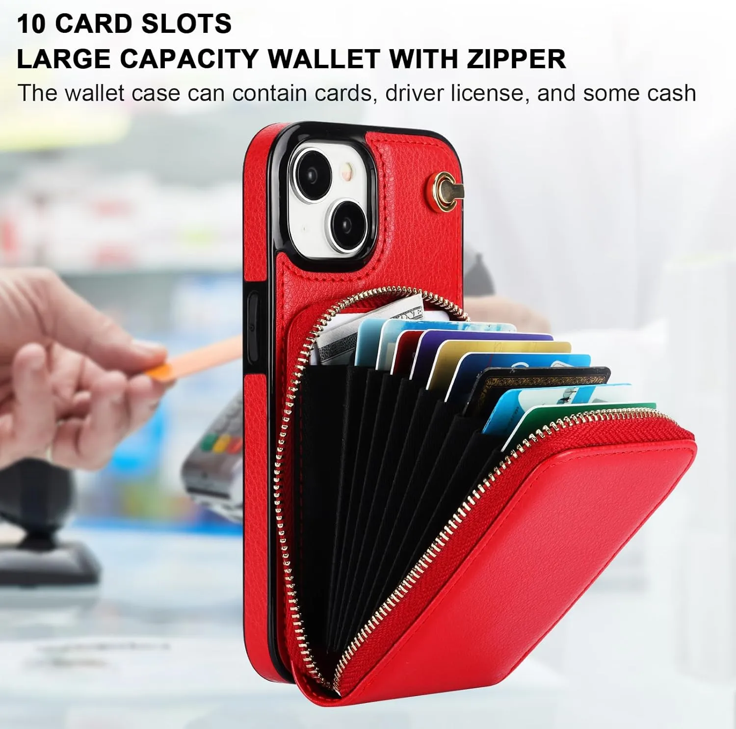 KIHUWEY Crossbody Wallet Case for iPhone 15, Zipper Pocket Case with Card Holder, PU Leather RFID Blocking Protective Cover Case with Kickstand Detachable Wrist Strap Lanyard 6.1" (Red)