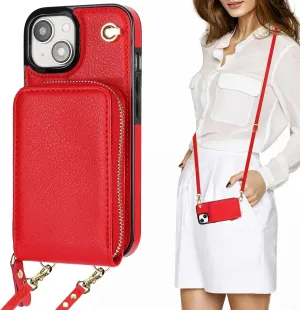KIHUWEY Crossbody Wallet Case for iPhone 15, Zipper Pocket Case with Card Holder, PU Leather RFID Blocking Protective Cover Case with Kickstand Detachable Wrist Strap Lanyard 6.1" (Red)
