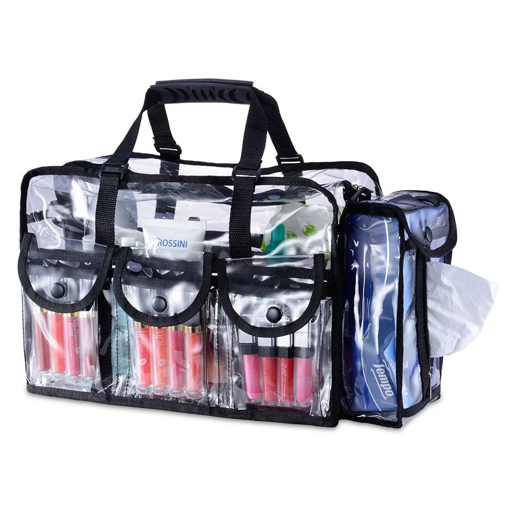 KIOTA Makeup Artist Storage Bag, Clear Cosmetic Bag with Side Pockets and Shoulder Strap, Ergonomic Handle, ON THE GO Series - Black Trim