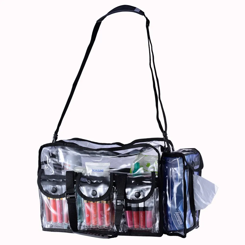 KIOTA Makeup Artist Storage Bag, Clear Cosmetic Bag with Side Pockets and Shoulder Strap, Ergonomic Handle, ON THE GO Series - Black Trim