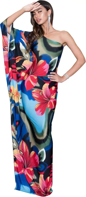 KOH KOH Womens Long One Shoulder Hawaiian Flower Print Summer Cocktail Maxi Dress Gown