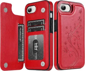 Korecase for iPhone 16E Flip Wallet Phone Case with Card Slots, PU Leather Butterfly Back Flip Purse Cover Case for iPhone 16e 2025, Red