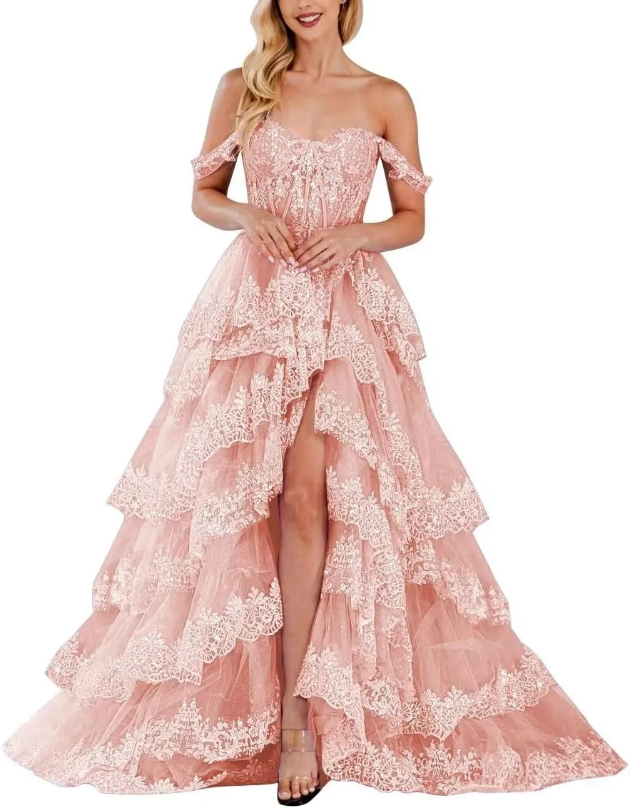 Lace Appliques Prom Dresses for Women Sparkly Tiered Tulle Off The Shoulder Formal Evening Gowns with Slit