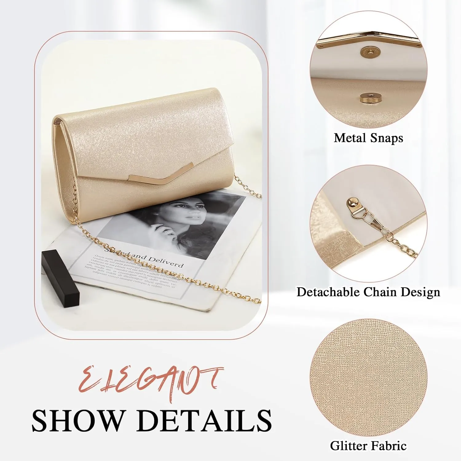 Ladies Evening Clutch Bag Envelope Handbag Prom Bridal Wedding Party Purse with Detachable Chain