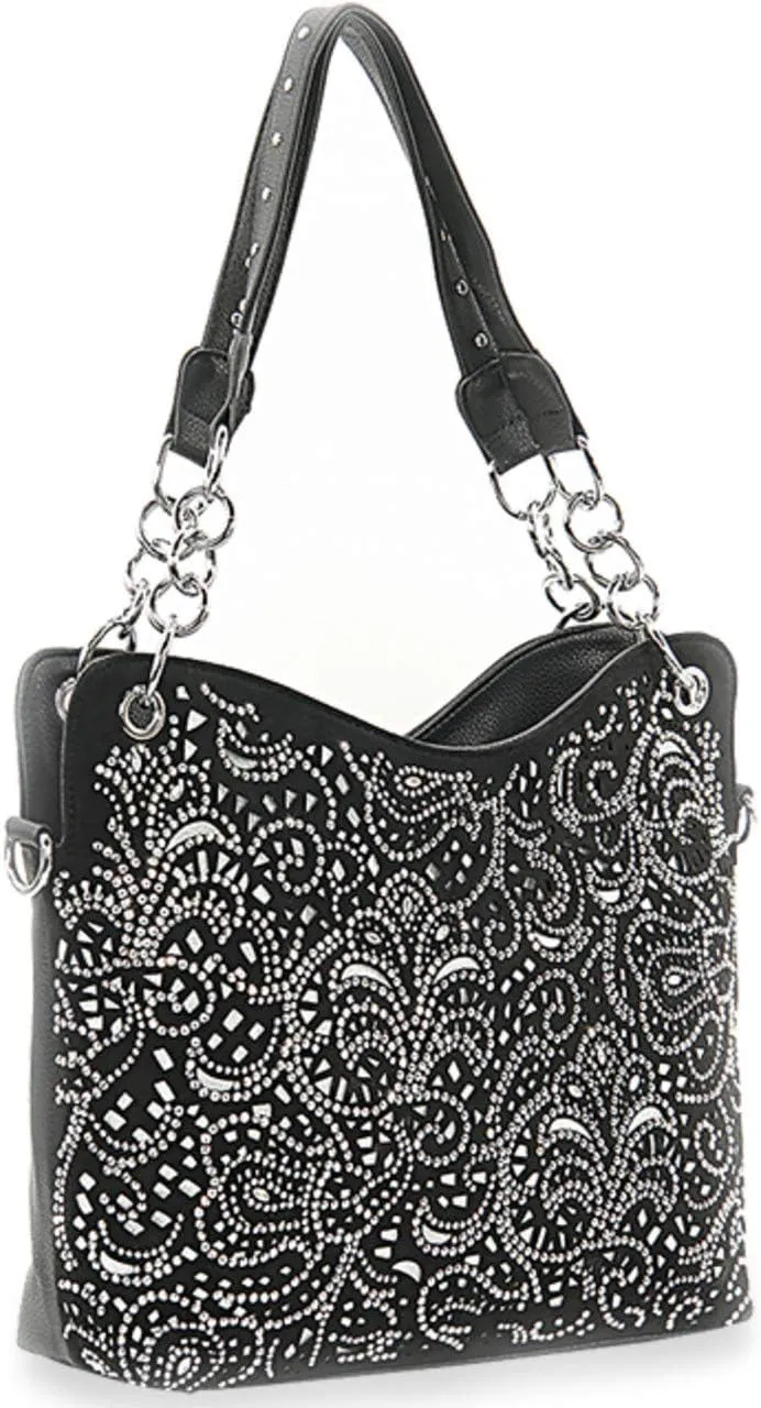 Laser Cut Rhinestone Purse Double Chain Handle Bling Purse Pewter