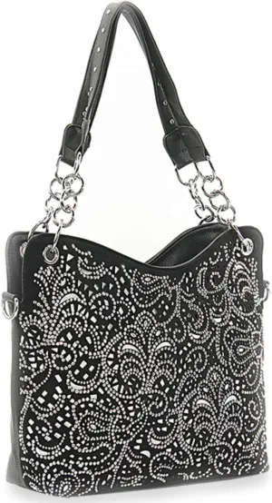 Laser Cut Rhinestone Purse Double Chain Handle Bling Purse Pewter