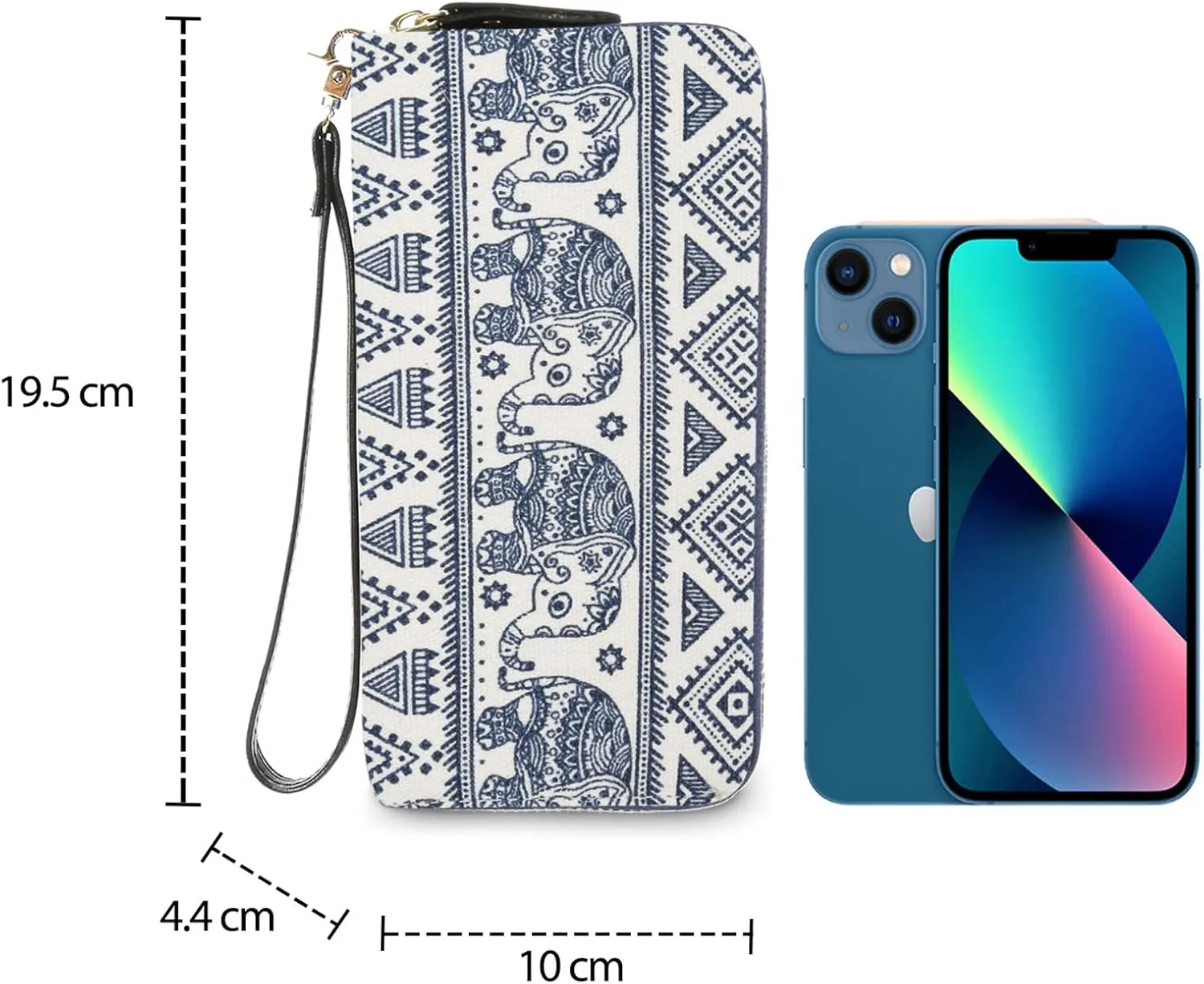 LATH.PIN RFID Blocking Bohemian Purse Wallet Canvas Elephant Pattern Handbag with Coin Pocket and Strap