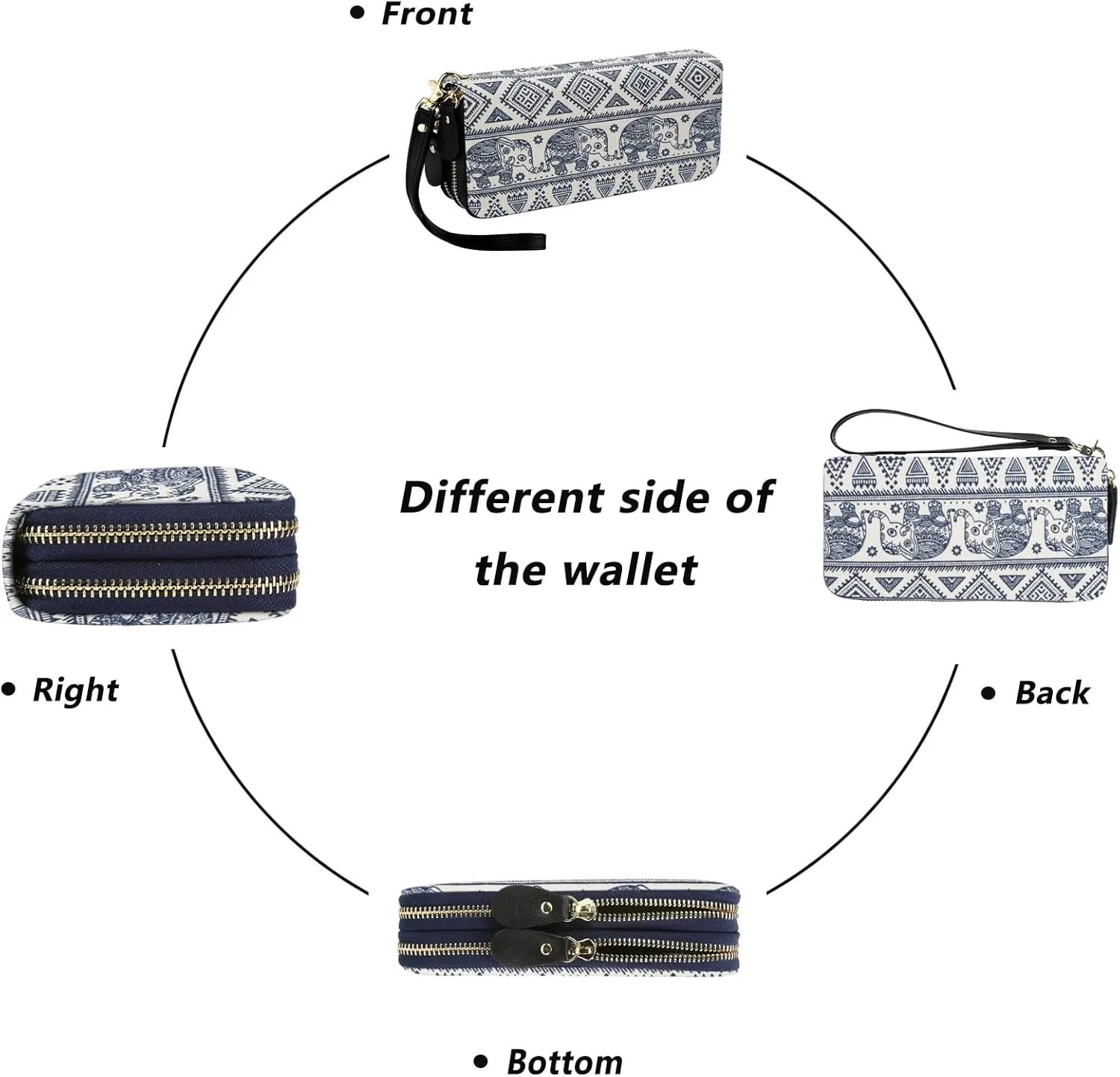 LATH.PIN RFID Blocking Bohemian Purse Wallet Canvas Elephant Pattern Handbag with Coin Pocket and Strap