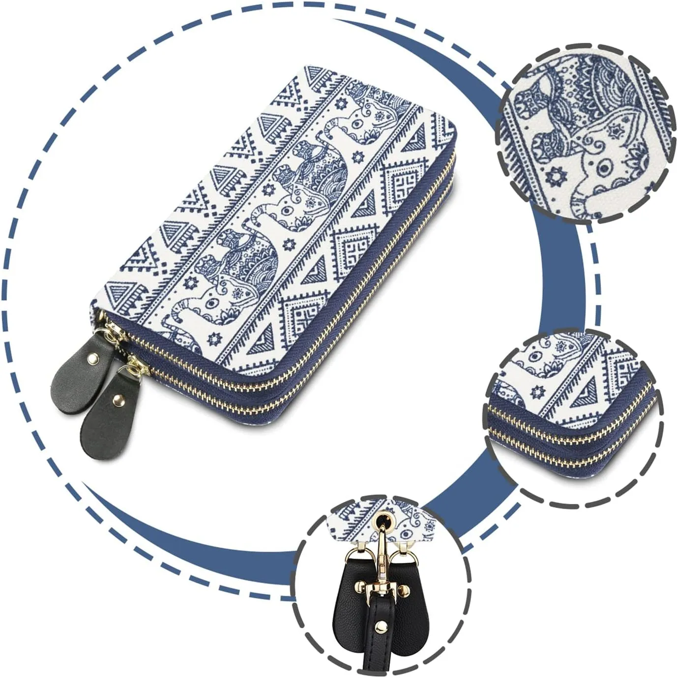 LATH.PIN RFID Blocking Bohemian Purse Wallet Canvas Elephant Pattern Handbag with Coin Pocket and Strap