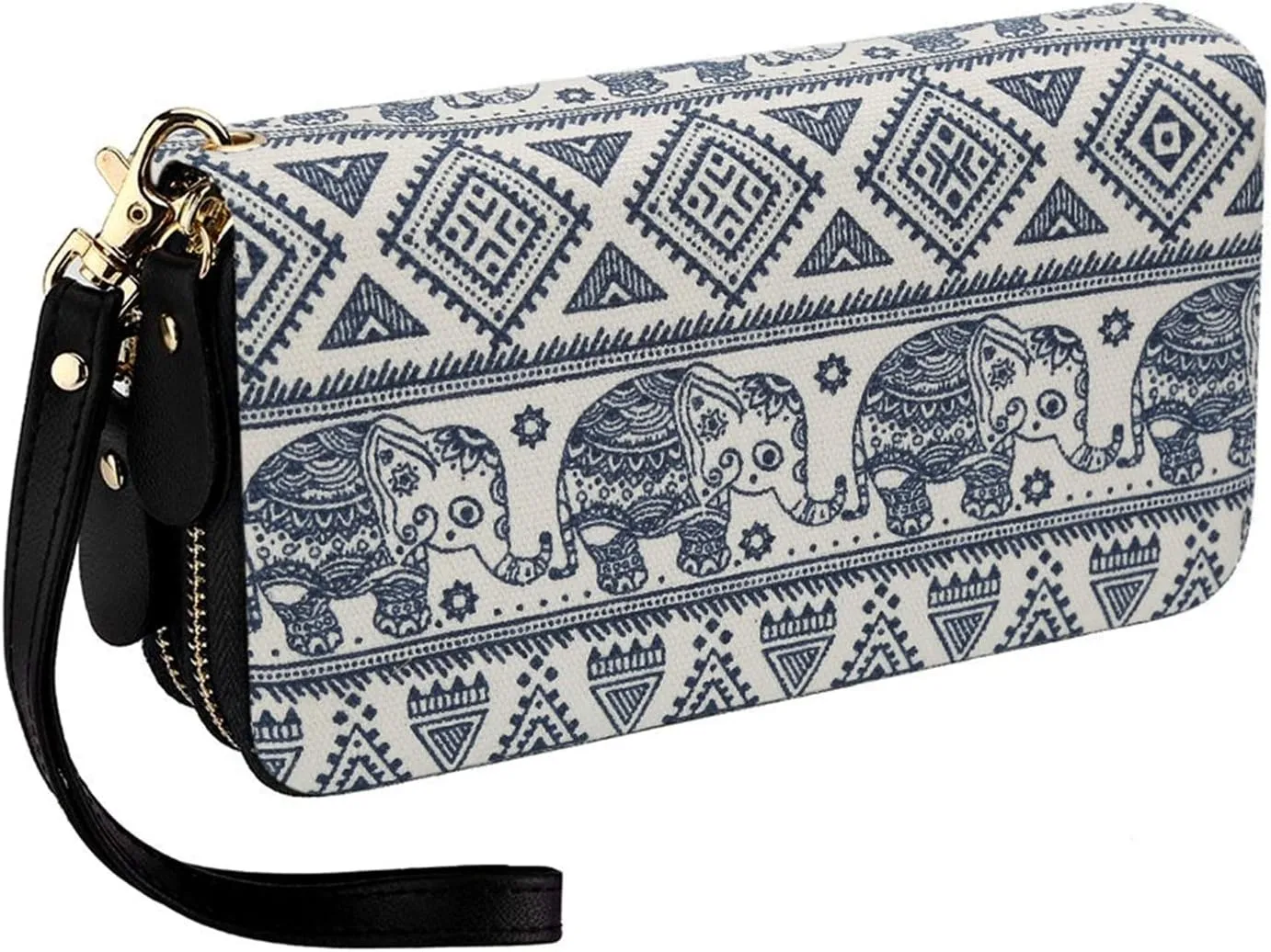 LATH.PIN RFID Blocking Bohemian Purse Wallet Canvas Elephant Pattern Handbag with Coin Pocket and Strap
