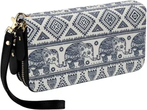 LATH.PIN RFID Blocking Bohemian Purse Wallet Canvas Elephant Pattern Handbag with Coin Pocket and Strap