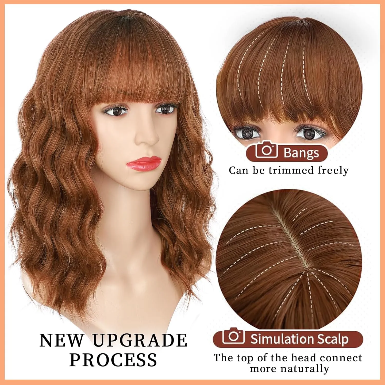 Lativ Auburn Wig with Bangs Short Bob Wigs for Women Shoulder Length Ginger Wavy Curly Wigs Synthetic Fiber Wigs 14 Inches for Daily Party Use