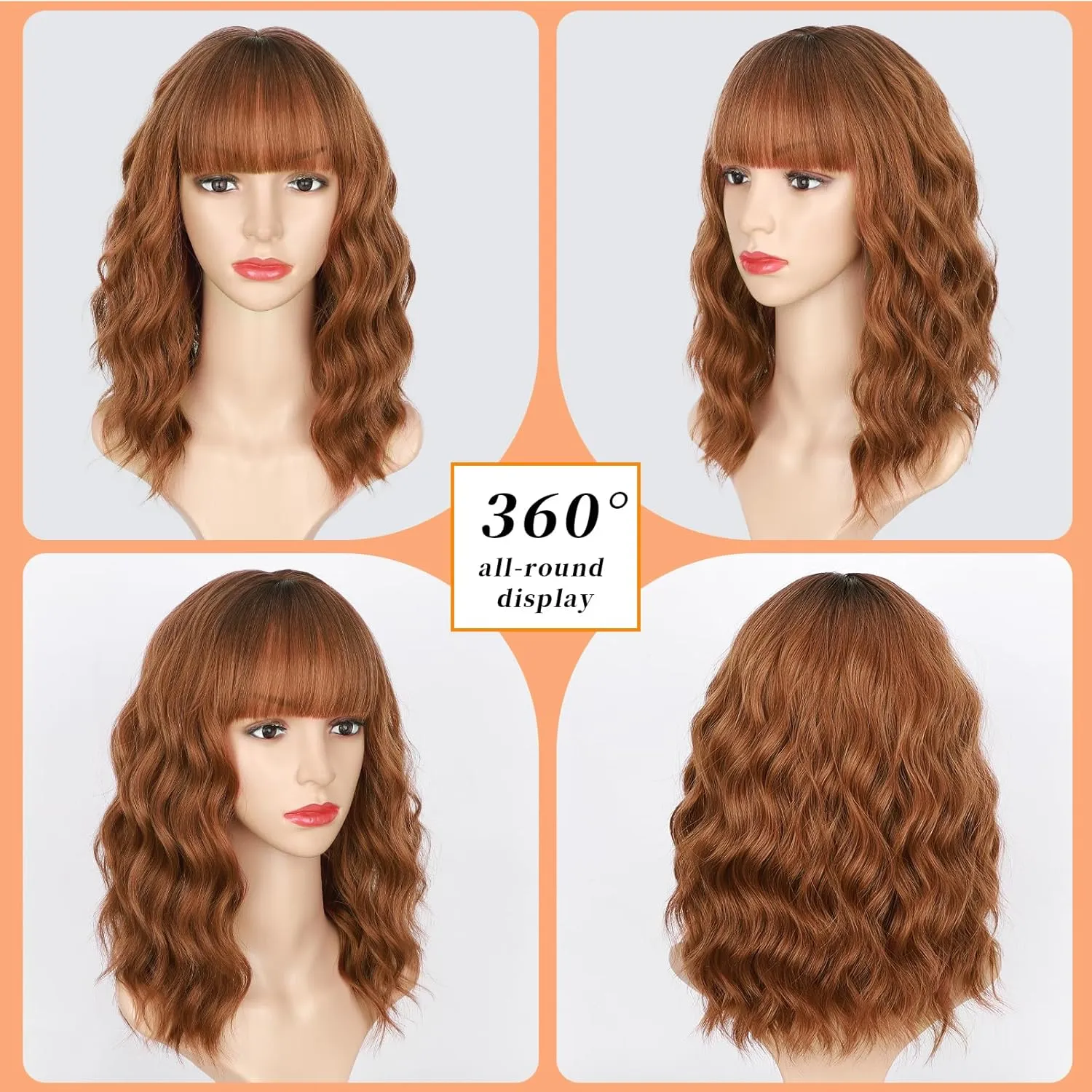 Lativ Auburn Wig with Bangs Short Bob Wigs for Women Shoulder Length Ginger Wavy Curly Wigs Synthetic Fiber Wigs 14 Inches for Daily Party Use