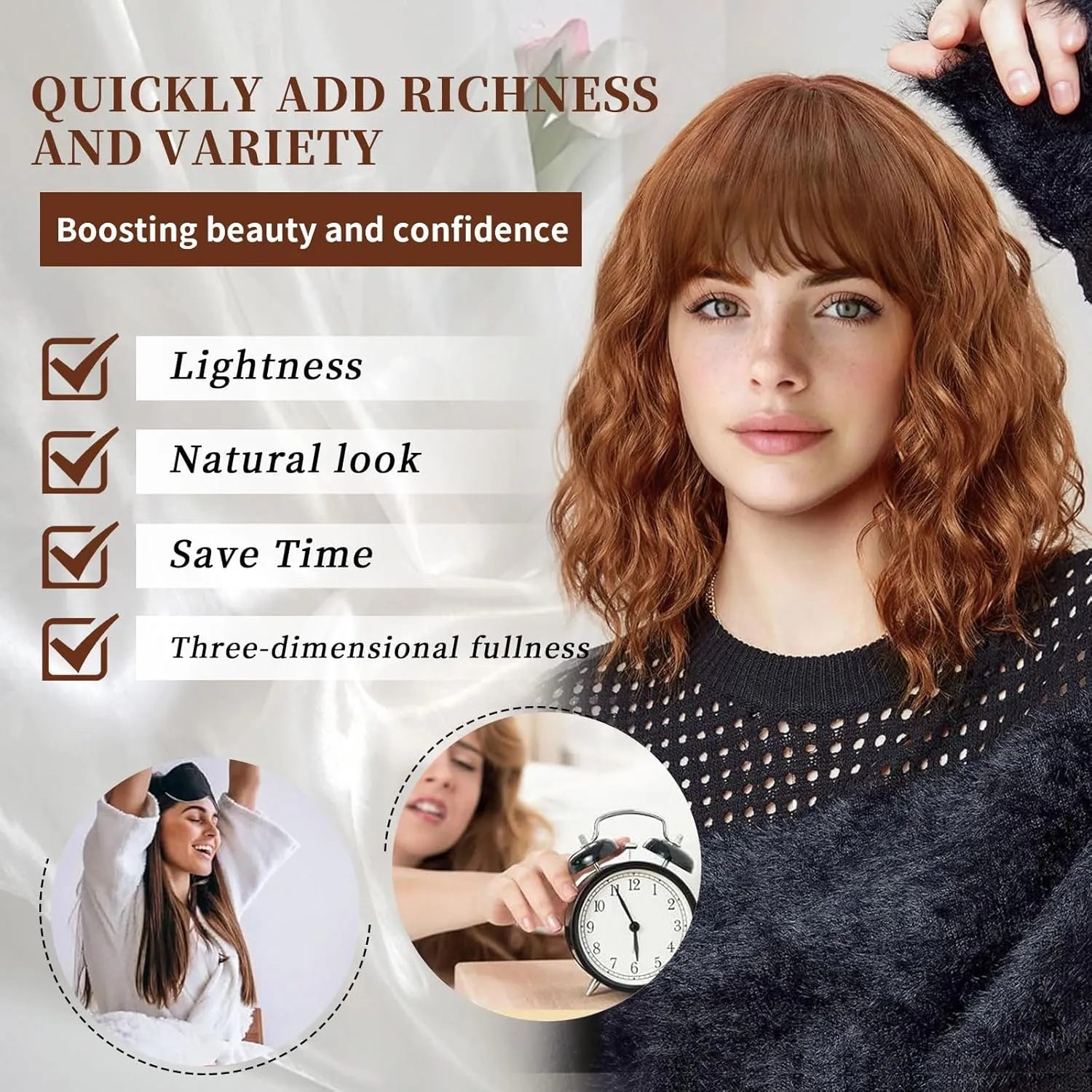 Lativ Auburn Wig with Bangs Short Bob Wigs for Women Shoulder Length Ginger Wavy Curly Wigs Synthetic Fiber Wigs 14 Inches for Daily Party Use