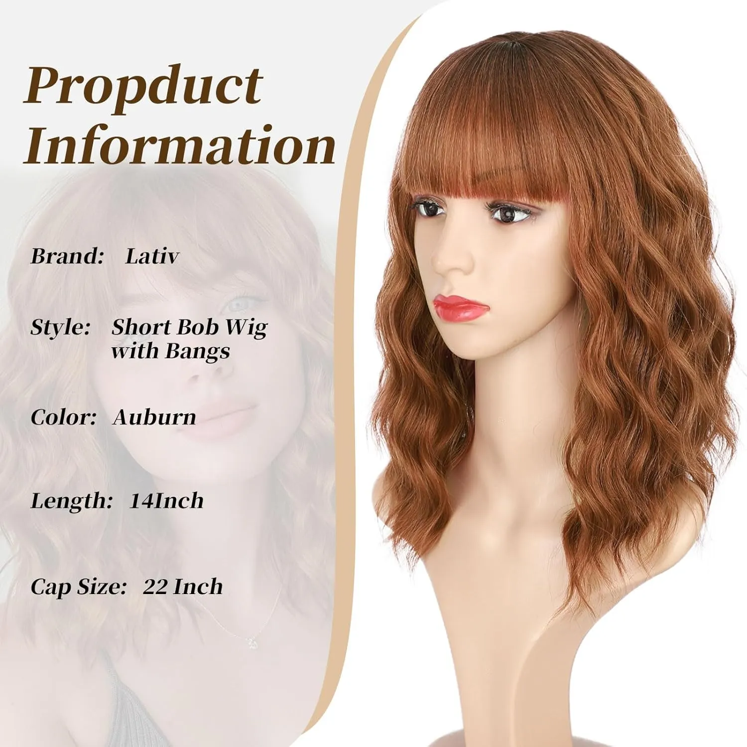 Lativ Auburn Wig with Bangs Short Bob Wigs for Women Shoulder Length Ginger Wavy Curly Wigs Synthetic Fiber Wigs 14 Inches for Daily Party Use
