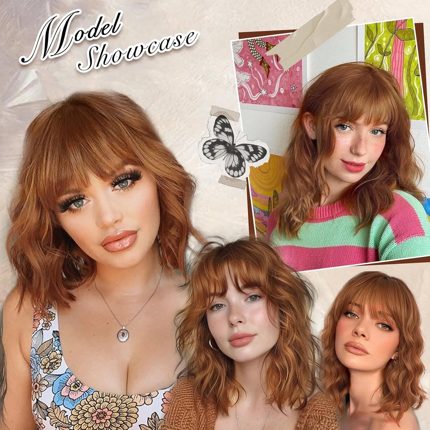 Lativ Auburn Wig with Bangs Short Bob Wigs for Women Shoulder Length Ginger Wavy Curly Wigs Synthetic Fiber Wigs 14 Inches for Daily Party Use