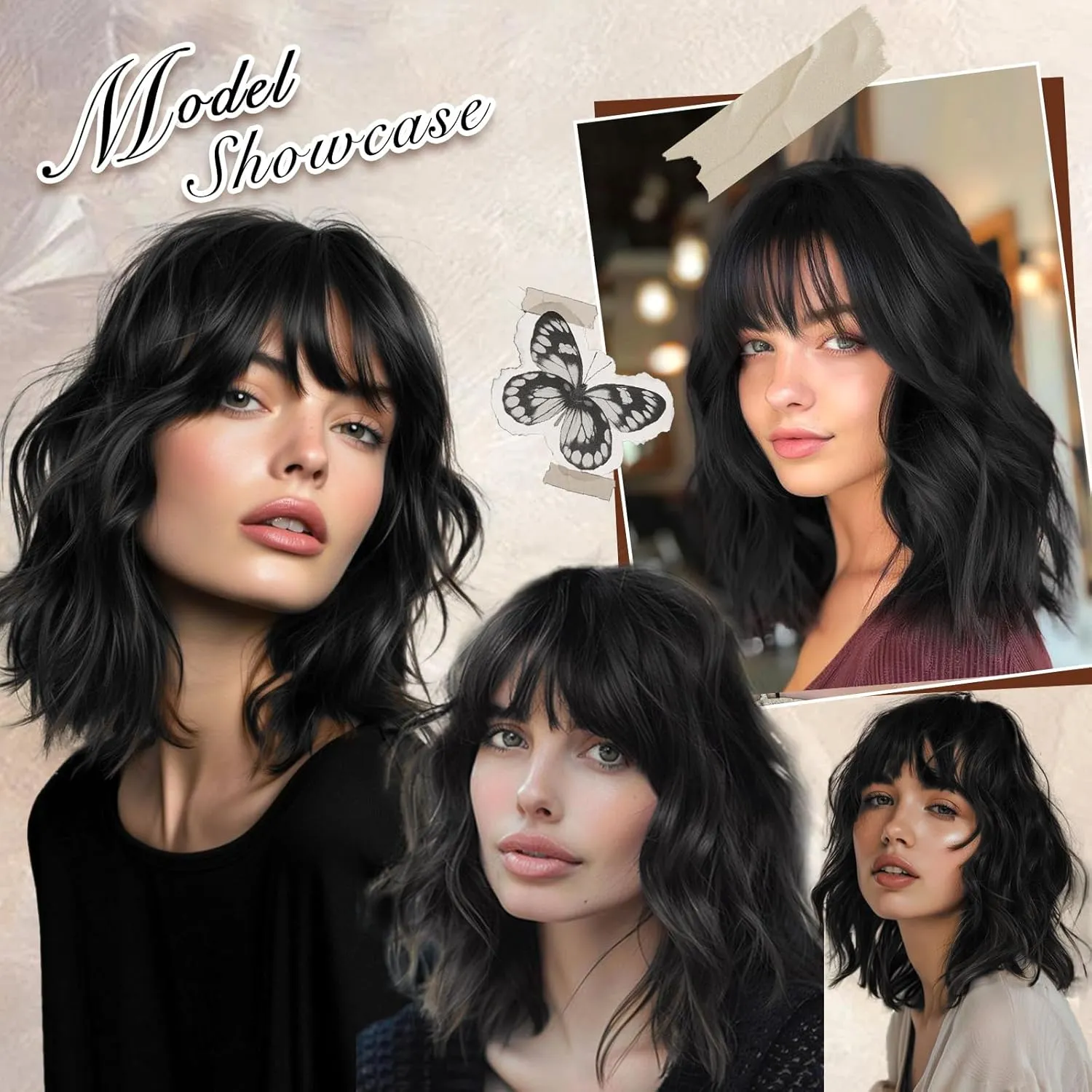 Lativ Black Wigs for Women Short Wavy Curly Bob Wig with Bangs Shoulder Length 14 Inches Synthetic Hair for Daily Party Use