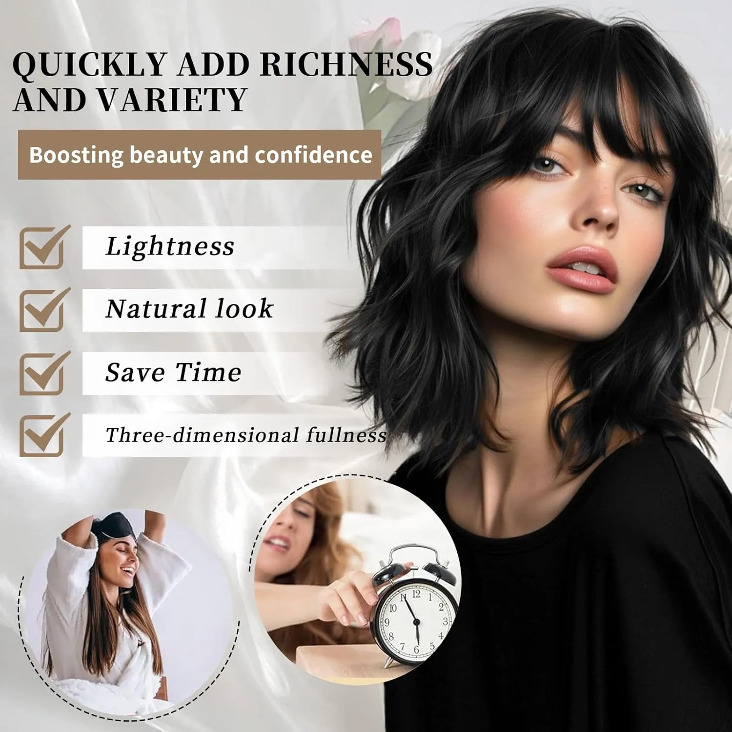 Lativ Black Wigs for Women Short Wavy Curly Bob Wig with Bangs Shoulder Length 14 Inches Synthetic Hair for Daily Party Use