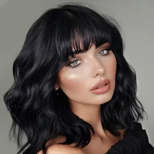 Lativ Black Wigs for Women Short Wavy Curly Bob Wig with Bangs Shoulder Length 14 Inches Synthetic Hair for Daily Party Use