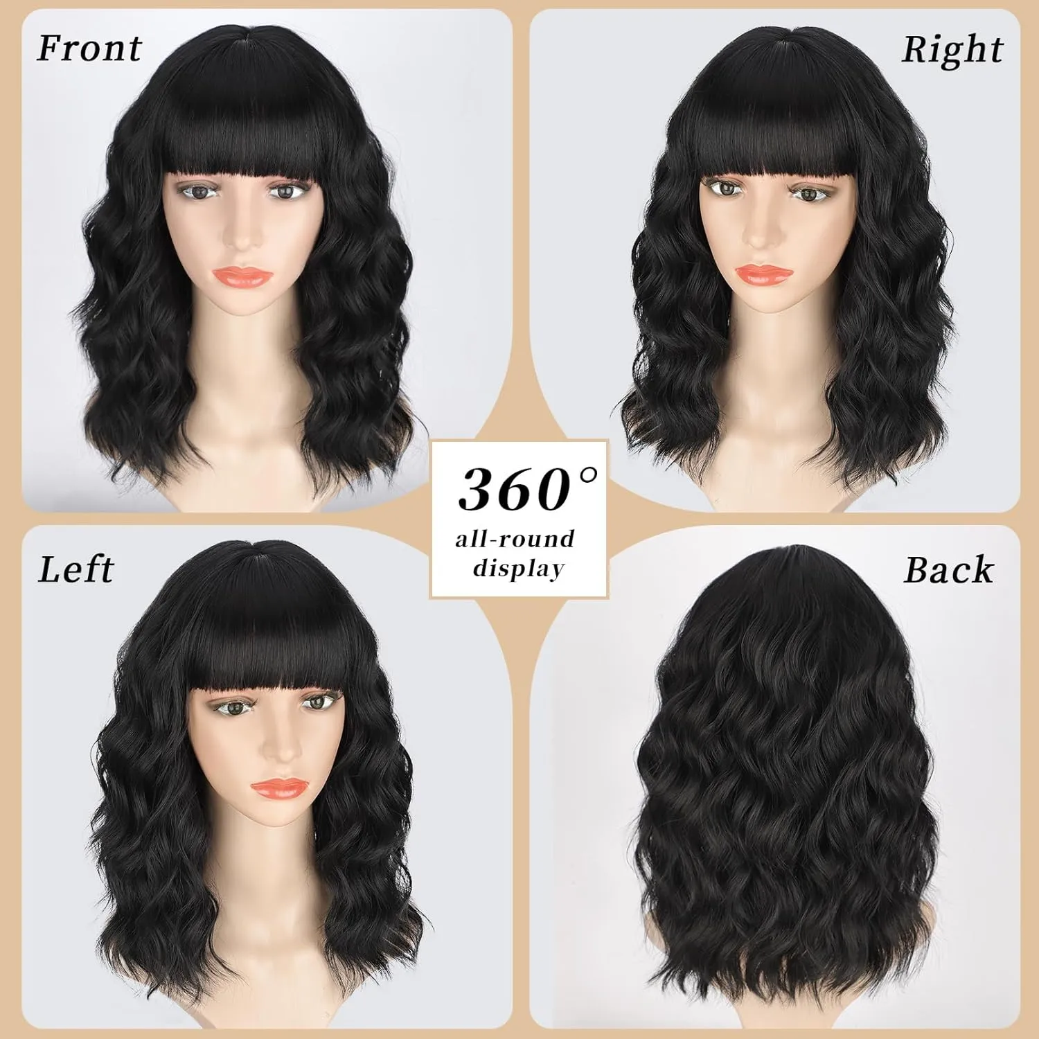 Lativ Black Wigs for Women Short Wavy Curly Bob Wig with Bangs Shoulder Length 14 Inches Synthetic Hair for Daily Party Use