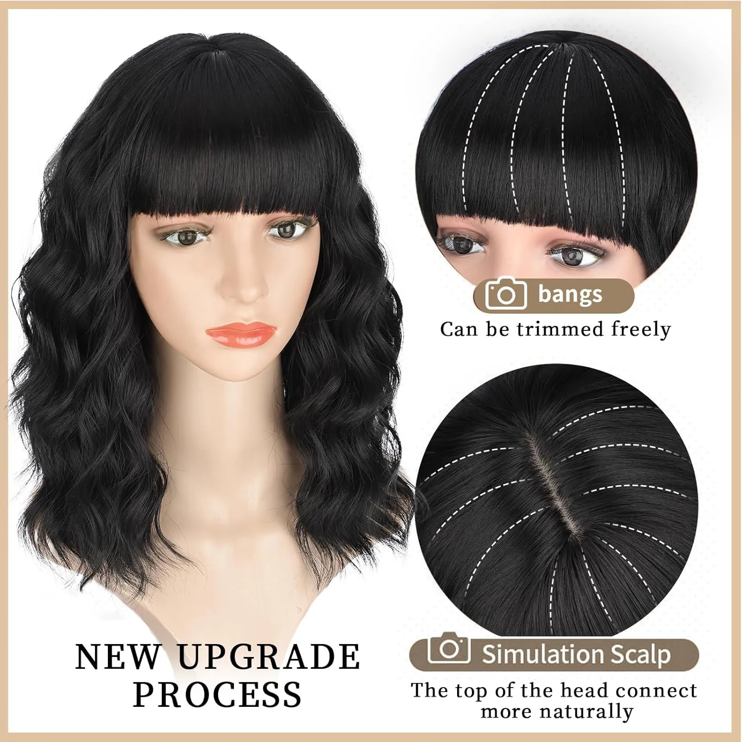 Lativ Black Wigs for Women Short Wavy Curly Bob Wig with Bangs Shoulder Length 14 Inches Synthetic Hair for Daily Party Use