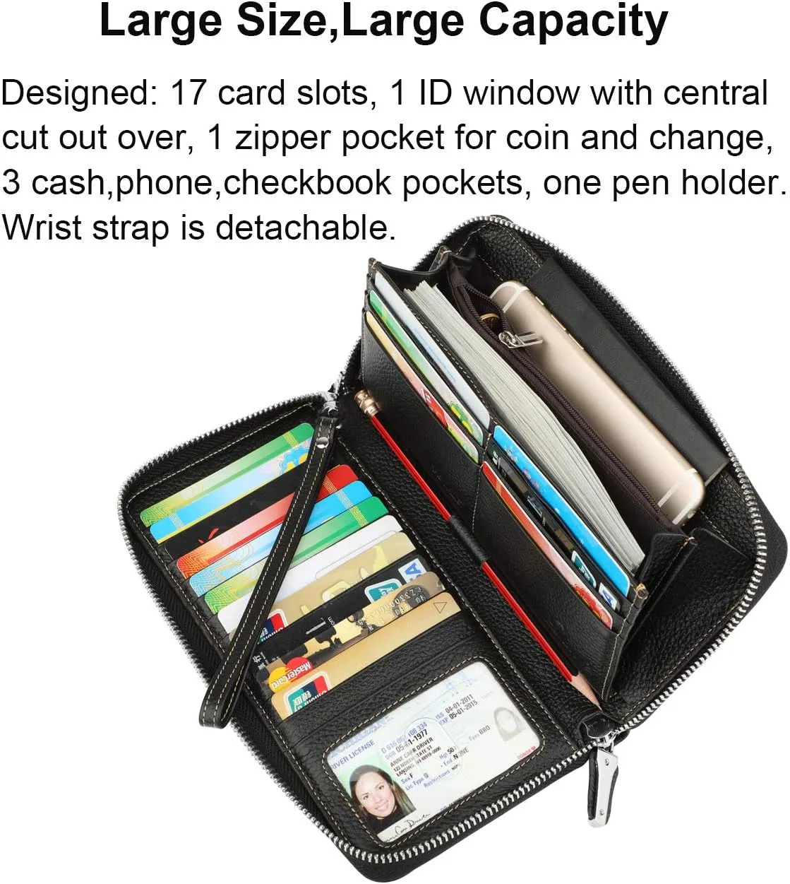 Lavemi Women's RFID Blocking 100% Leather Large Capacity Zip Around Wallet Phone Holder Clutch Travel Purse Wristlet