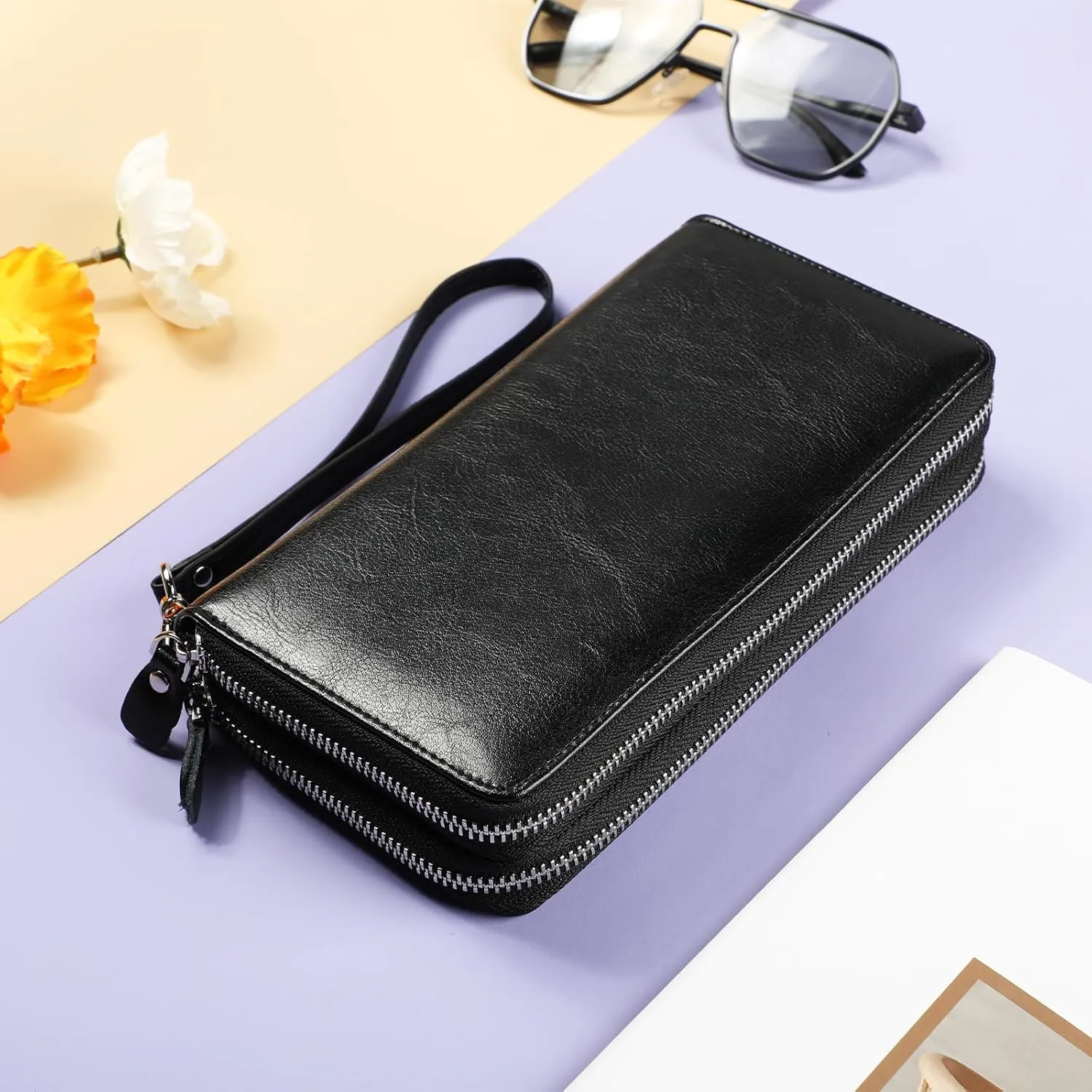 Lavemi Women's RFID Blocking 100% Leather Large Capacity Zip Around Wallet Phone Holder Clutch Travel Purse Wristlet
