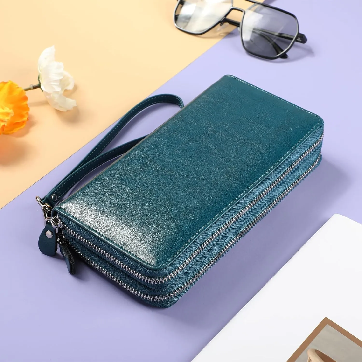 Lavemi Women's RFID Blocking 100% Leather Large Capacity Zip Around Wallet Phone Holder Clutch Travel Purse Wristlet