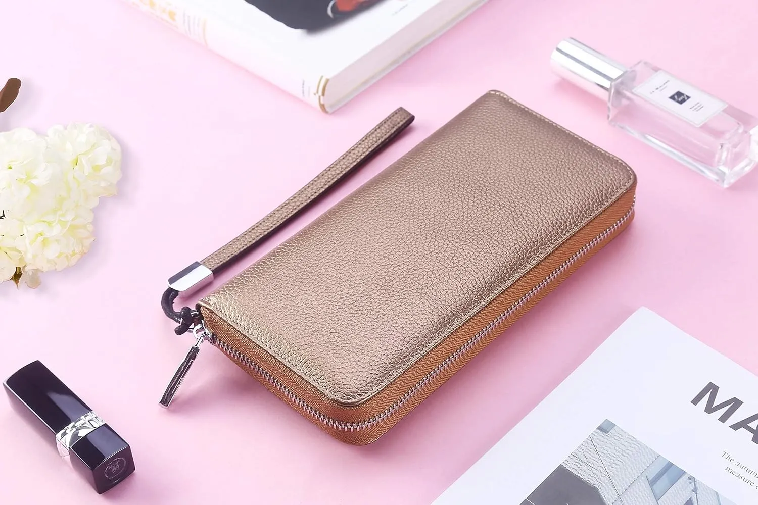 Lavemi Women's RFID Blocking 100% Leather Large Capacity Zip Around Wallet Phone Holder Clutch Travel Purse Wristlet