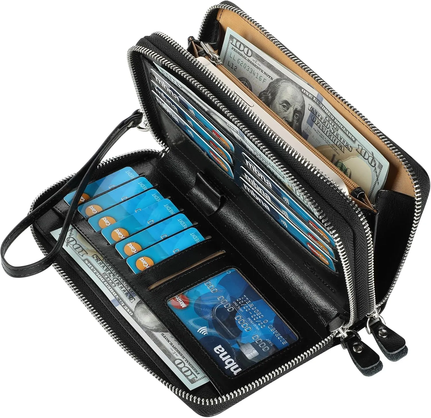 Lavemi Women's RFID Blocking 100% Leather Large Capacity Zip Around Wallet Phone Holder Clutch Travel Purse Wristlet