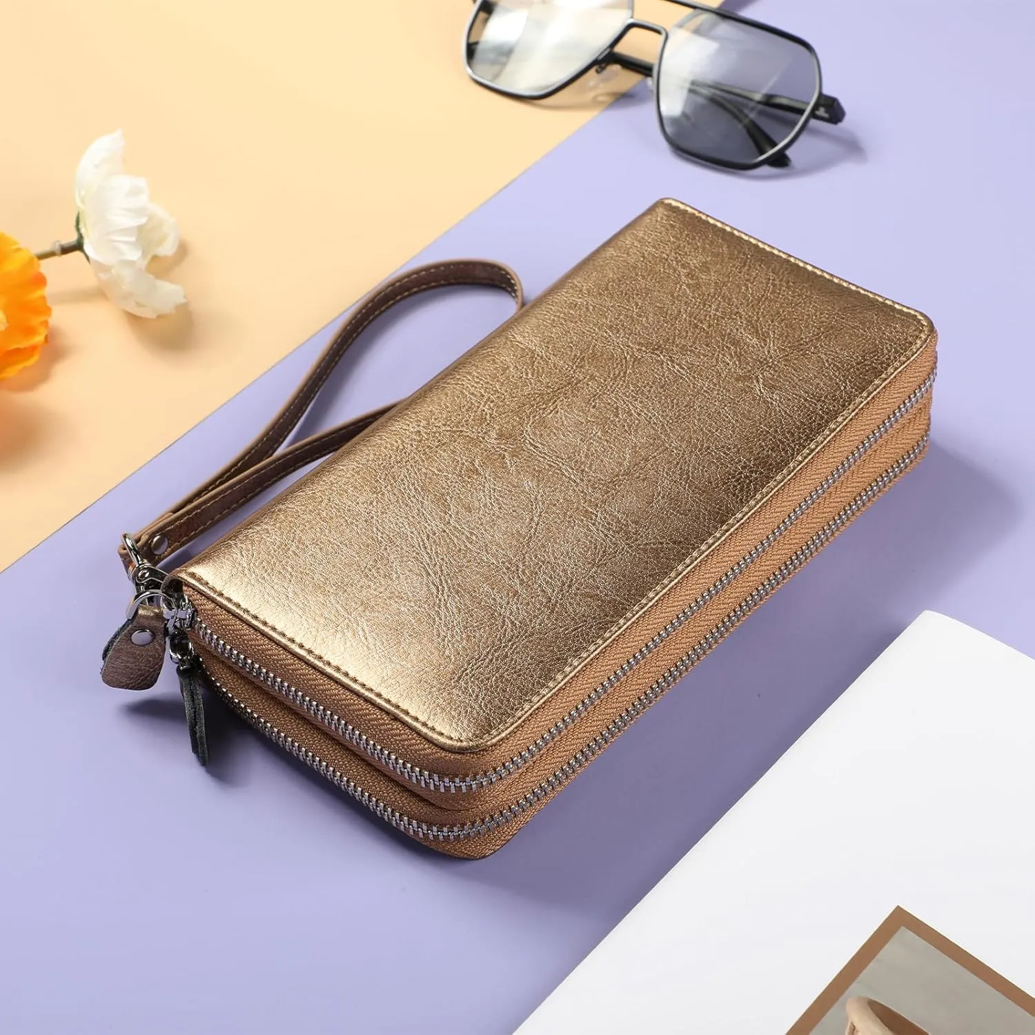 Lavemi Women's RFID Blocking 100% Leather Large Capacity Zip Around Wallet Phone Holder Clutch Travel Purse Wristlet